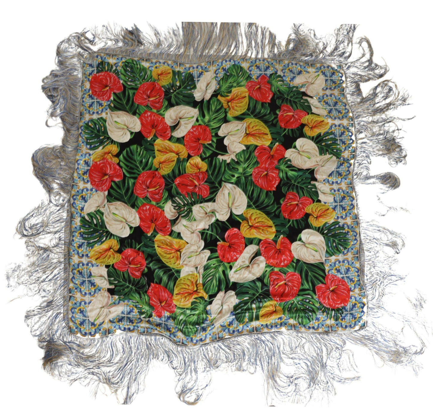 Elegant Floral Silk Scarf with Fringes