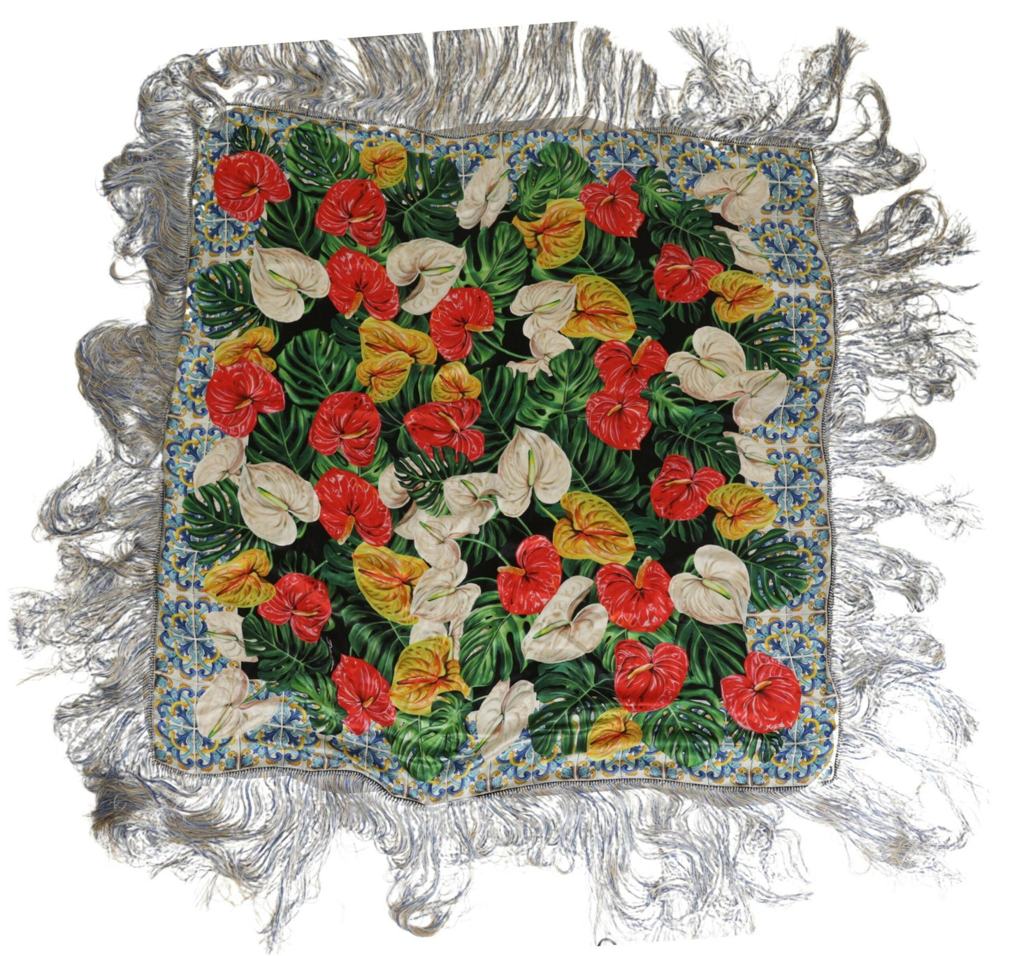 Elegant Floral Silk Scarf with Fringes