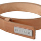 Brown Leather Slim Silver Logo Buckle Belt