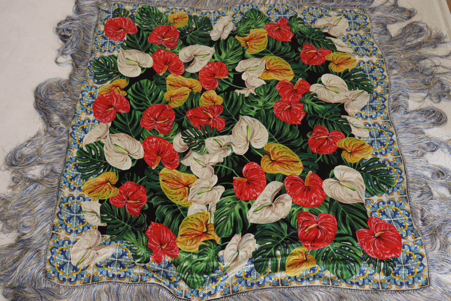 Elegant Floral Silk Scarf with Fringes