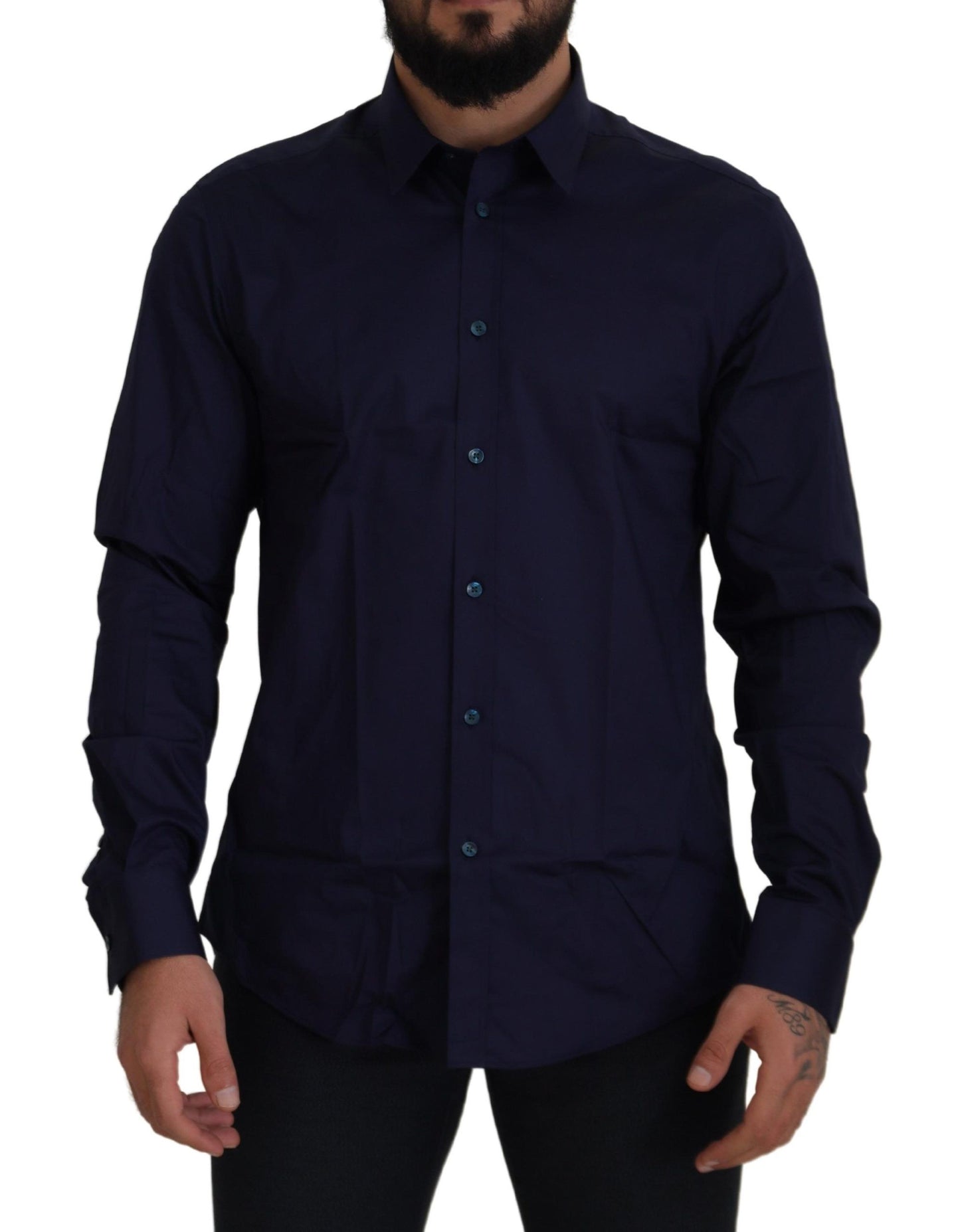 Elegant Dark Blue Cotton Blend Dress Shirt