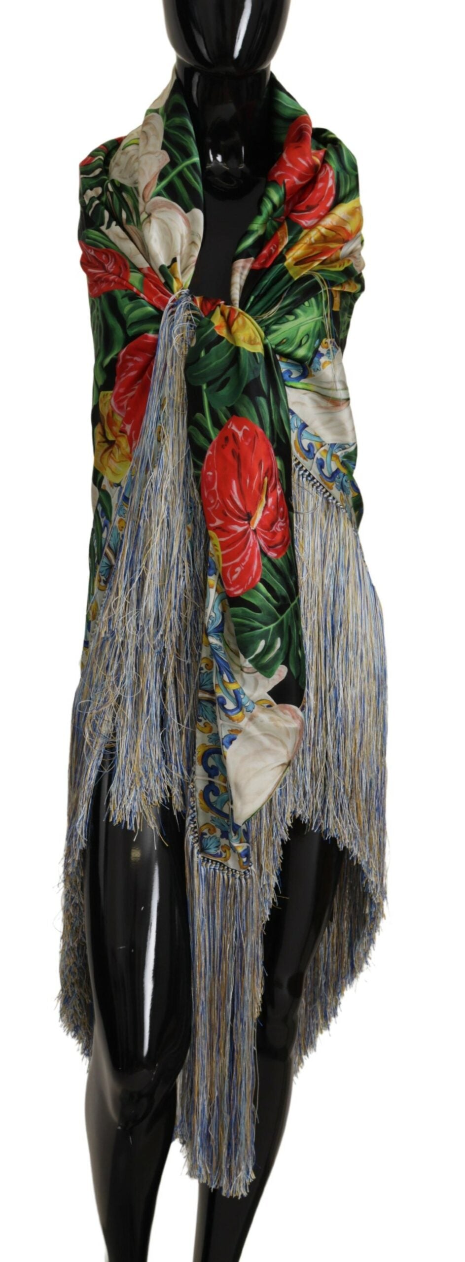 Elegant Floral Silk Scarf with Fringes