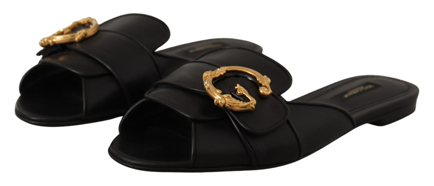 Elegant Black Leather Flat Sandals with Gold Detail