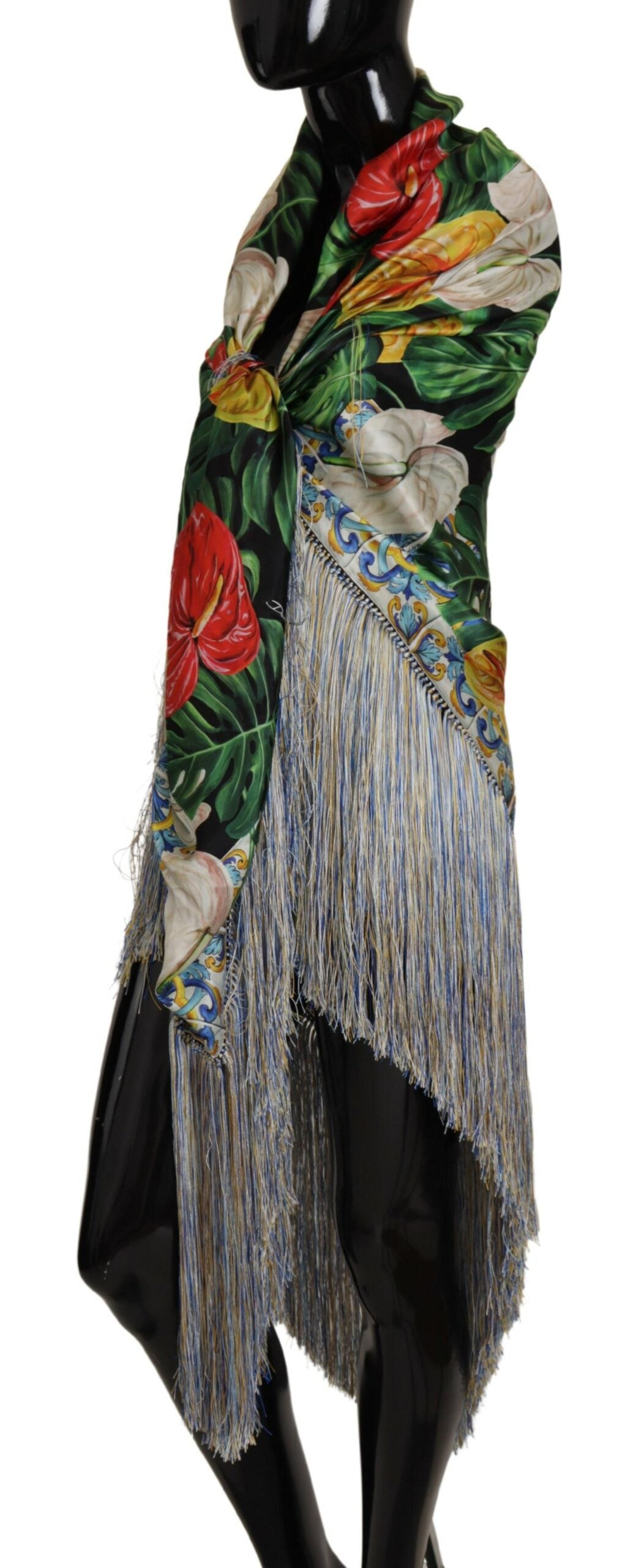 Elegant Floral Silk Scarf with Fringes