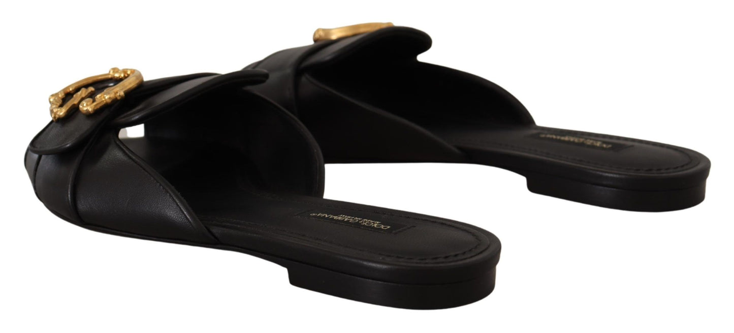 Elegant Black Leather Flat Sandals with Gold Detail