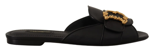 Elegant Black Leather Flat Sandals with Gold Detail