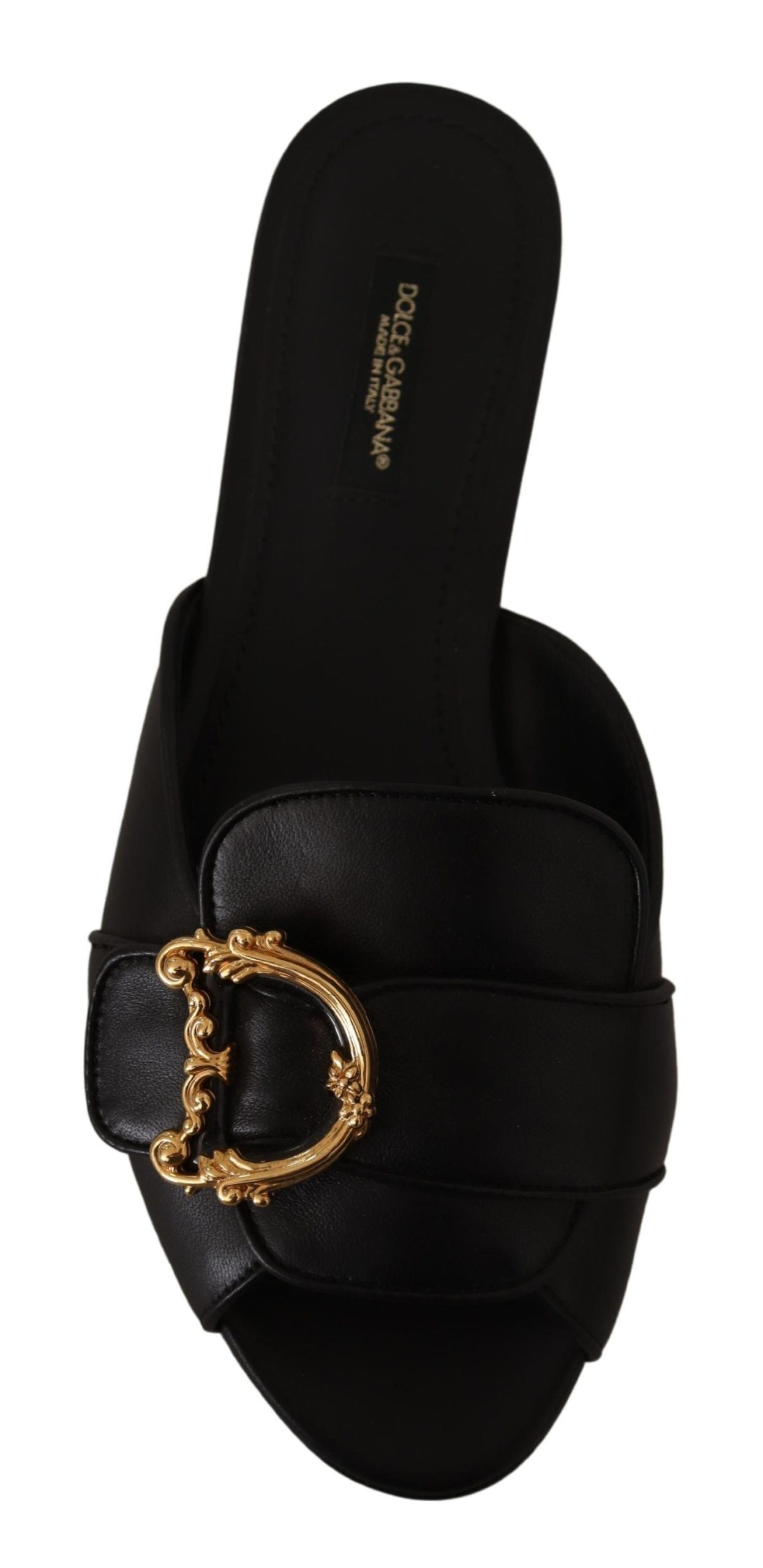 Elegant Black Leather Flat Sandals with Gold Detail