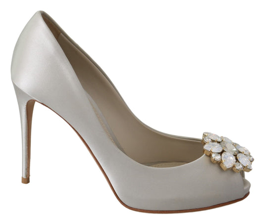 Elegant White Silk Crystal Peep Toe Heels