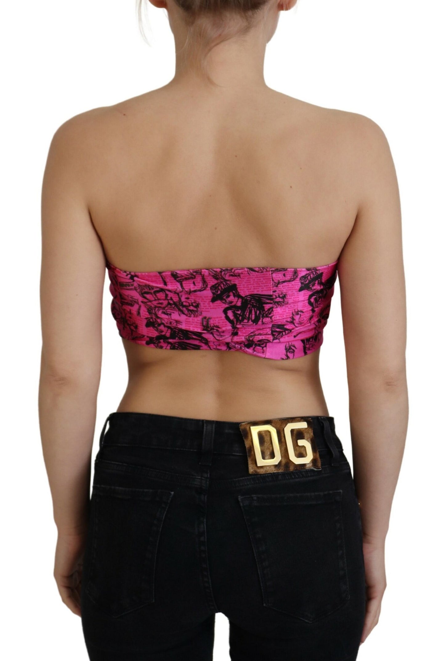 Pink Newspaper Print Bra Cropped Blouse