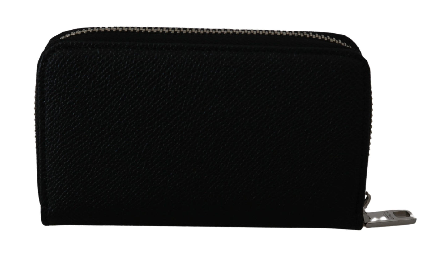 Sleek Black Leather Coin Wallet with Logo Motif