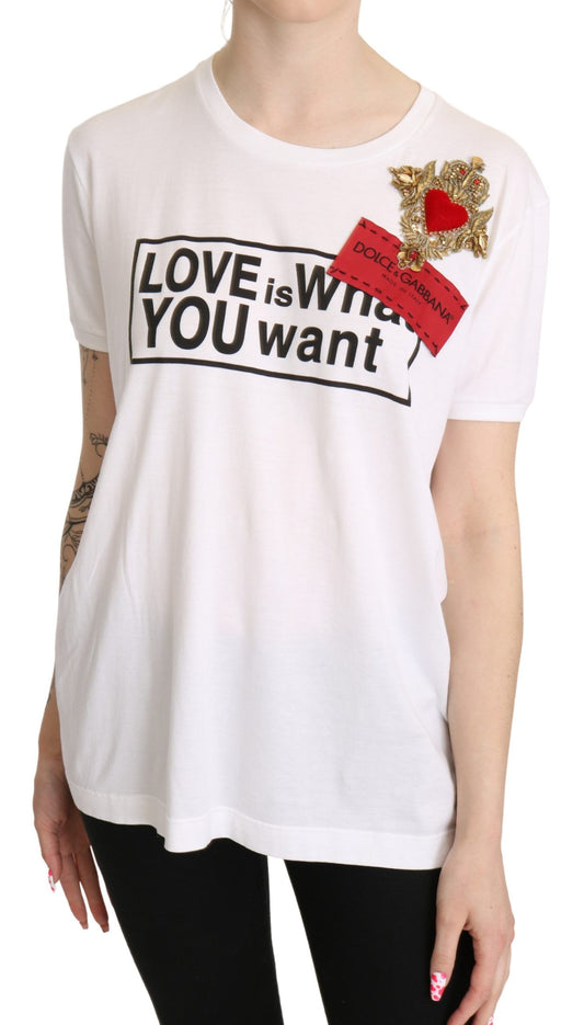 Elegant White Cotton Tee with Heart Embroidery