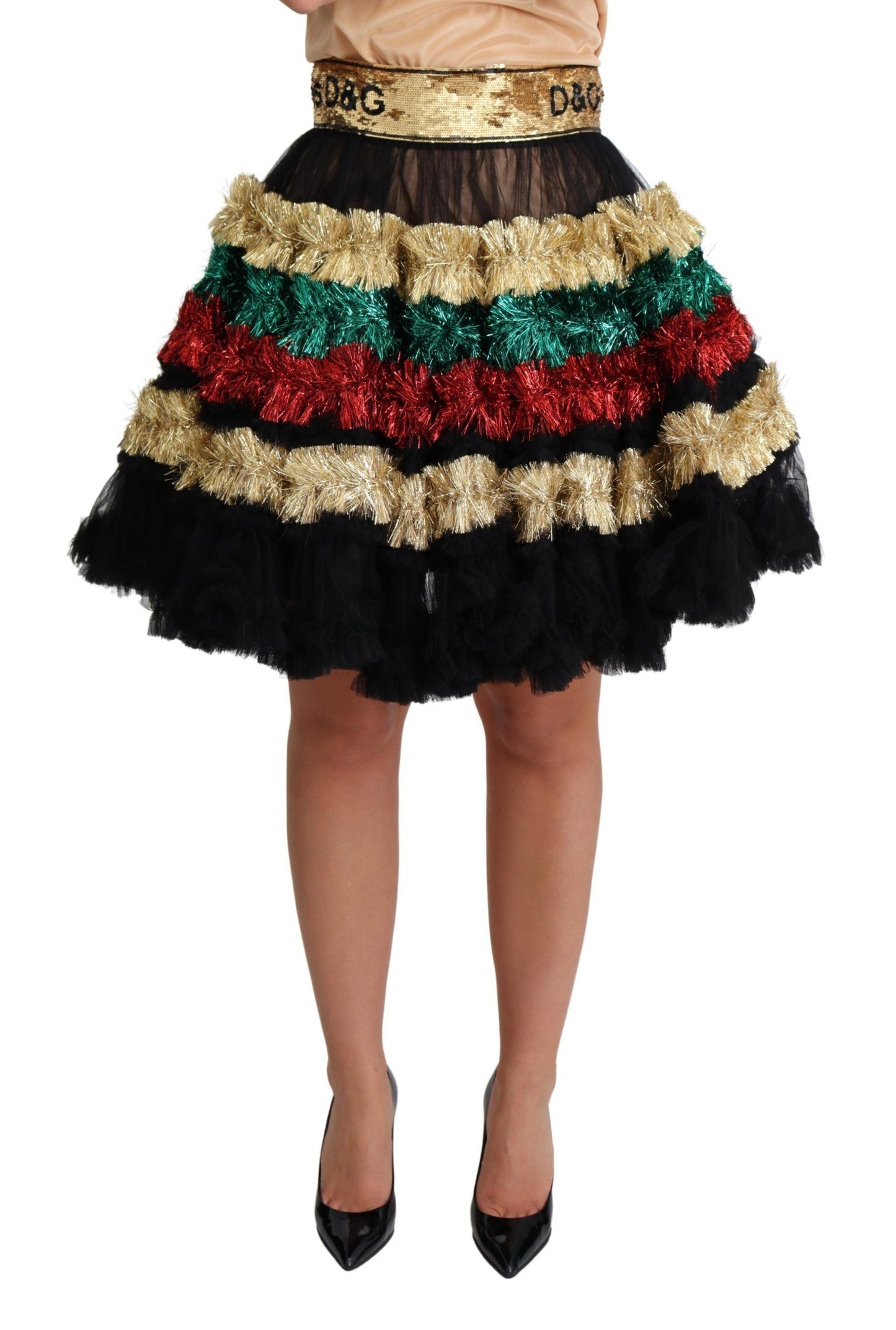 Multicolor Sequined Tulle Ruffled Skirt