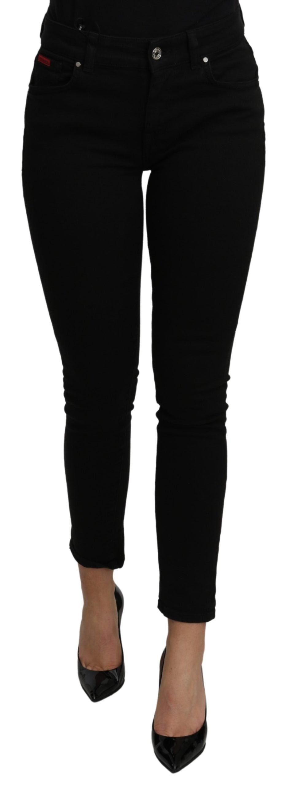 Elegant Black Mid Waist Slim Denim Jeans