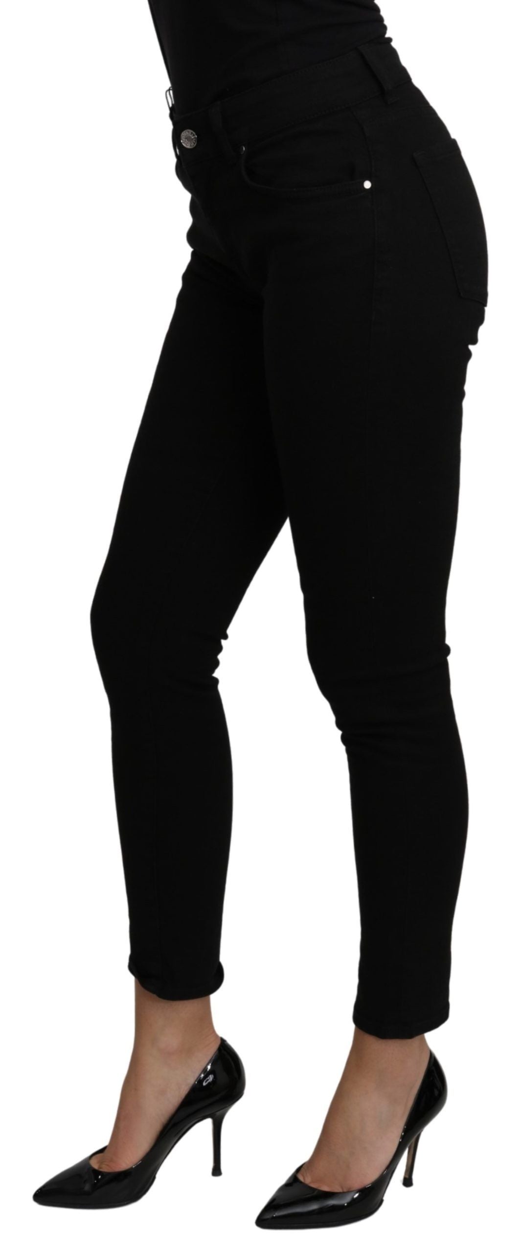 Elegant Black Mid Waist Slim Denim Jeans