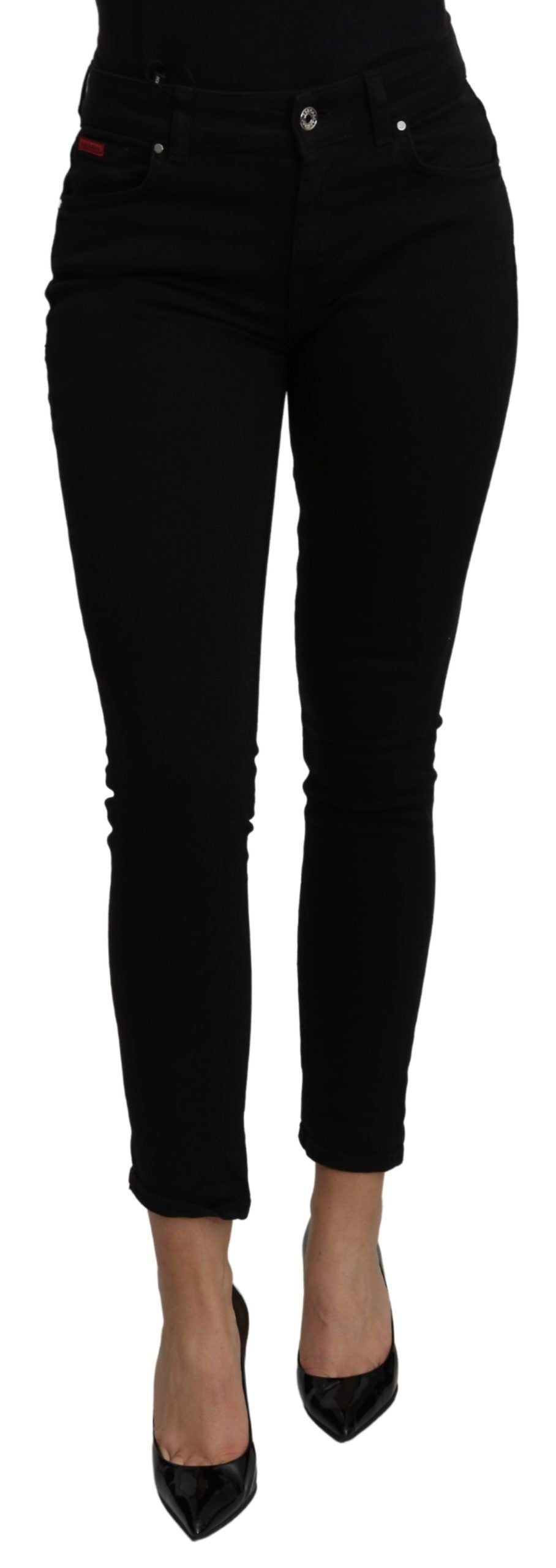 Elegant Black Mid Waist Slim Denim Jeans