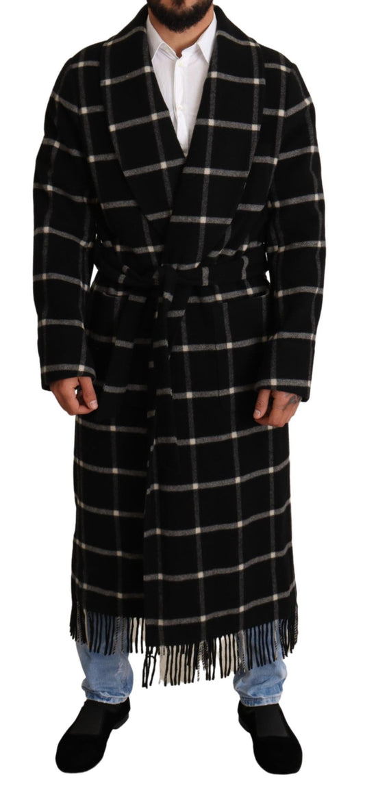 Elegant Black and Gray Wool Long Coat Jacket Robe