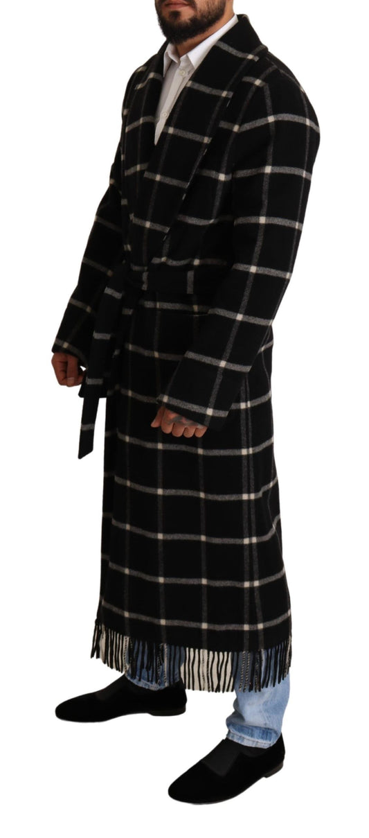 Elegant Black and Gray Wool Long Coat Jacket Robe