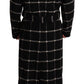 Elegant Black and Gray Wool Long Coat Jacket Robe