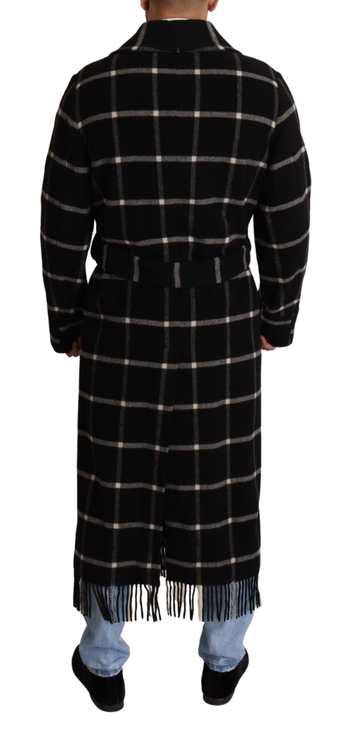 Elegant Black and Gray Wool Long Coat Jacket Robe