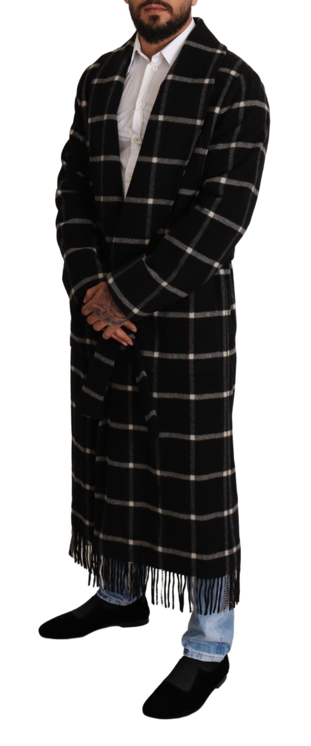 Elegant Black and Gray Wool Long Coat Jacket Robe