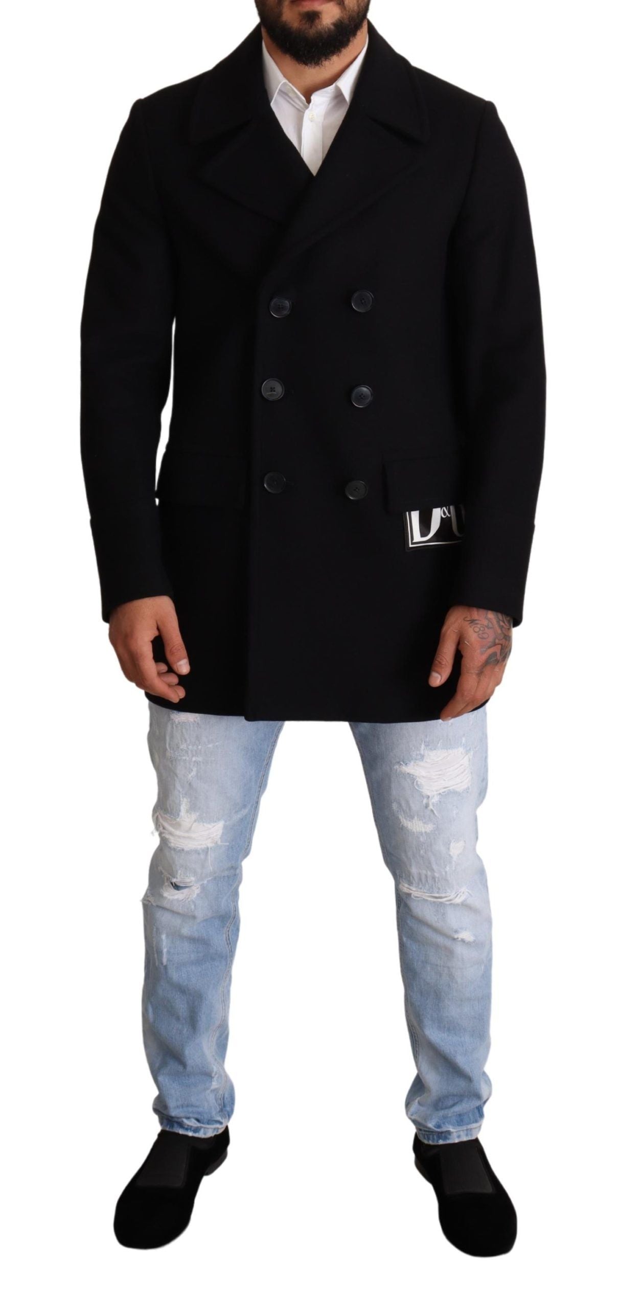 Elegant Blue Wool Blend Pea Coat