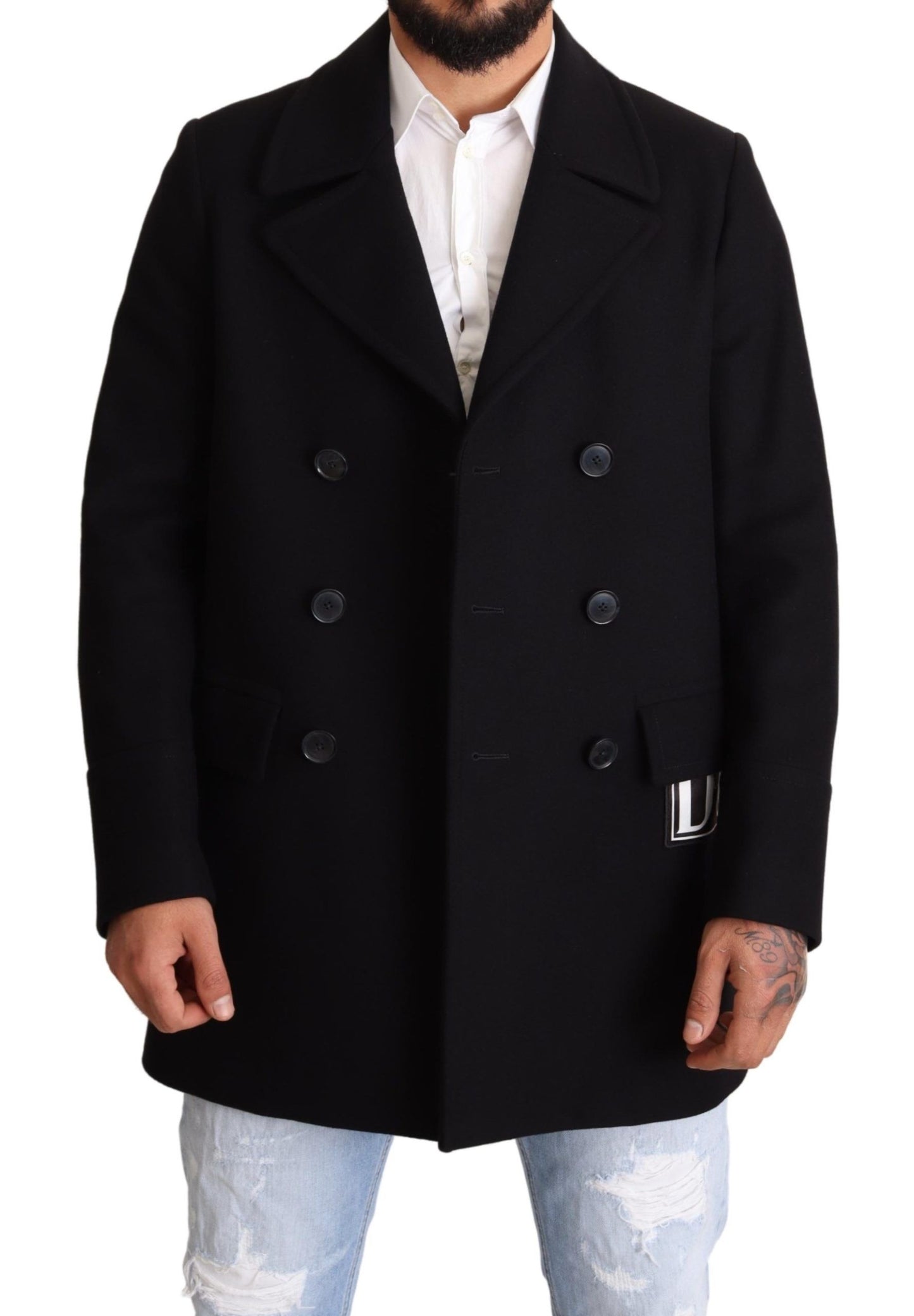 Elegant Blue Wool Blend Pea Coat