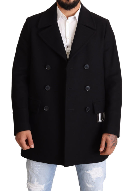 Elegant Blue Wool Blend Pea Coat