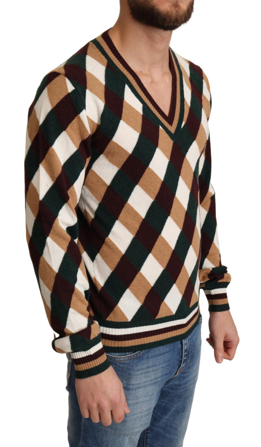 Checkered V-Neck Cashmere Sweater