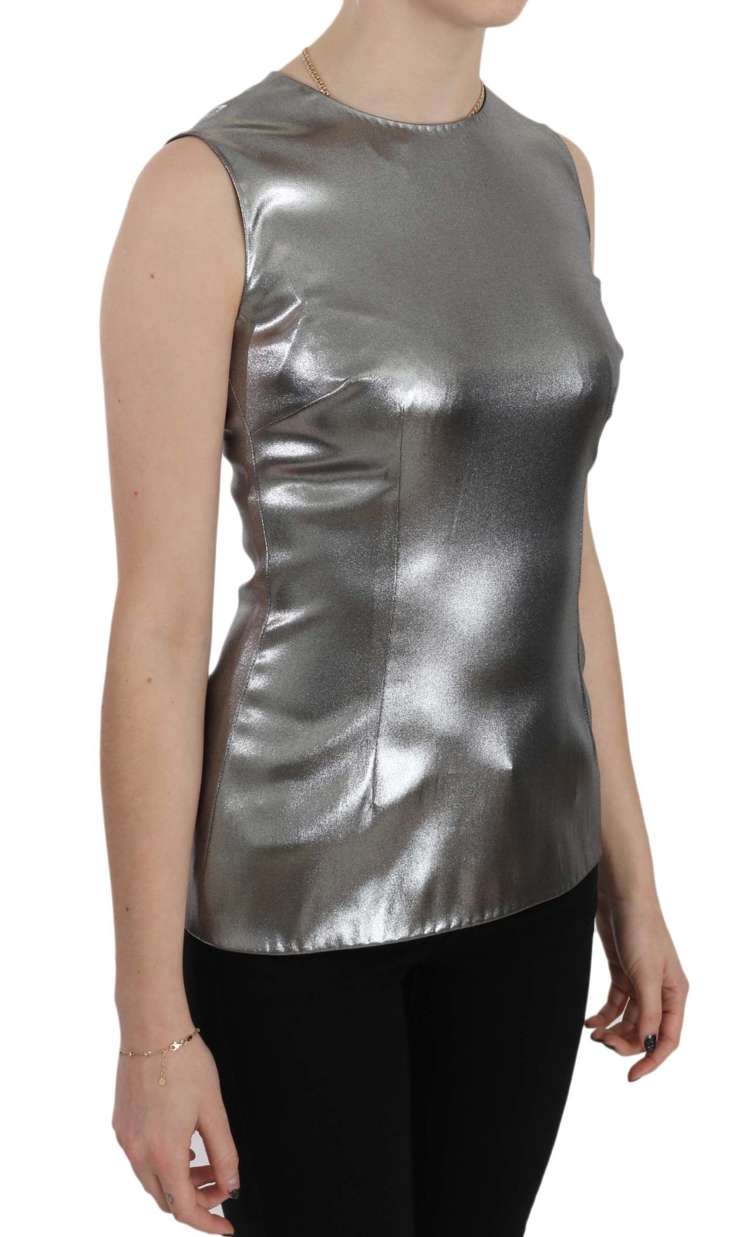 Elegant Silver Tulle Sleeveless Silk Top