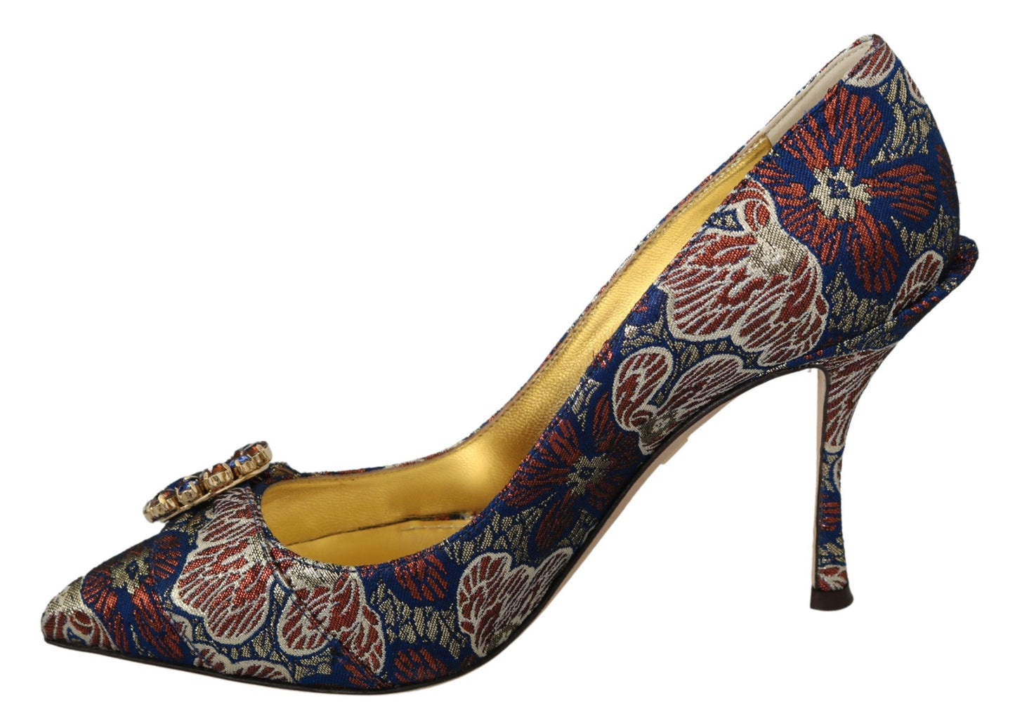 Elegant Blue Jacquard Heels with Crystal Embellishments