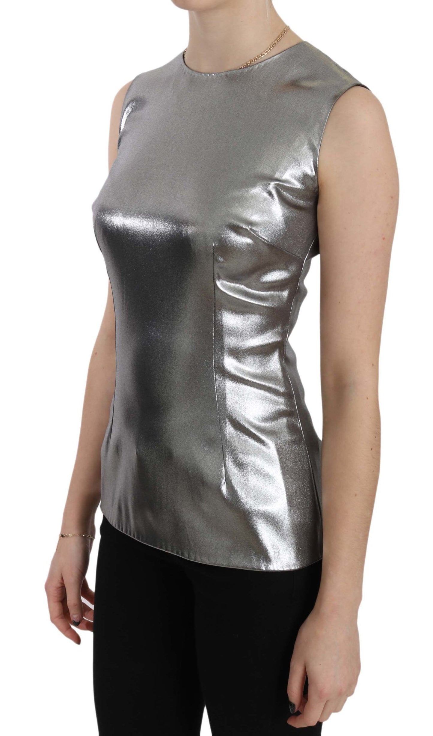 Elegant Silver Tulle Sleeveless Silk Top