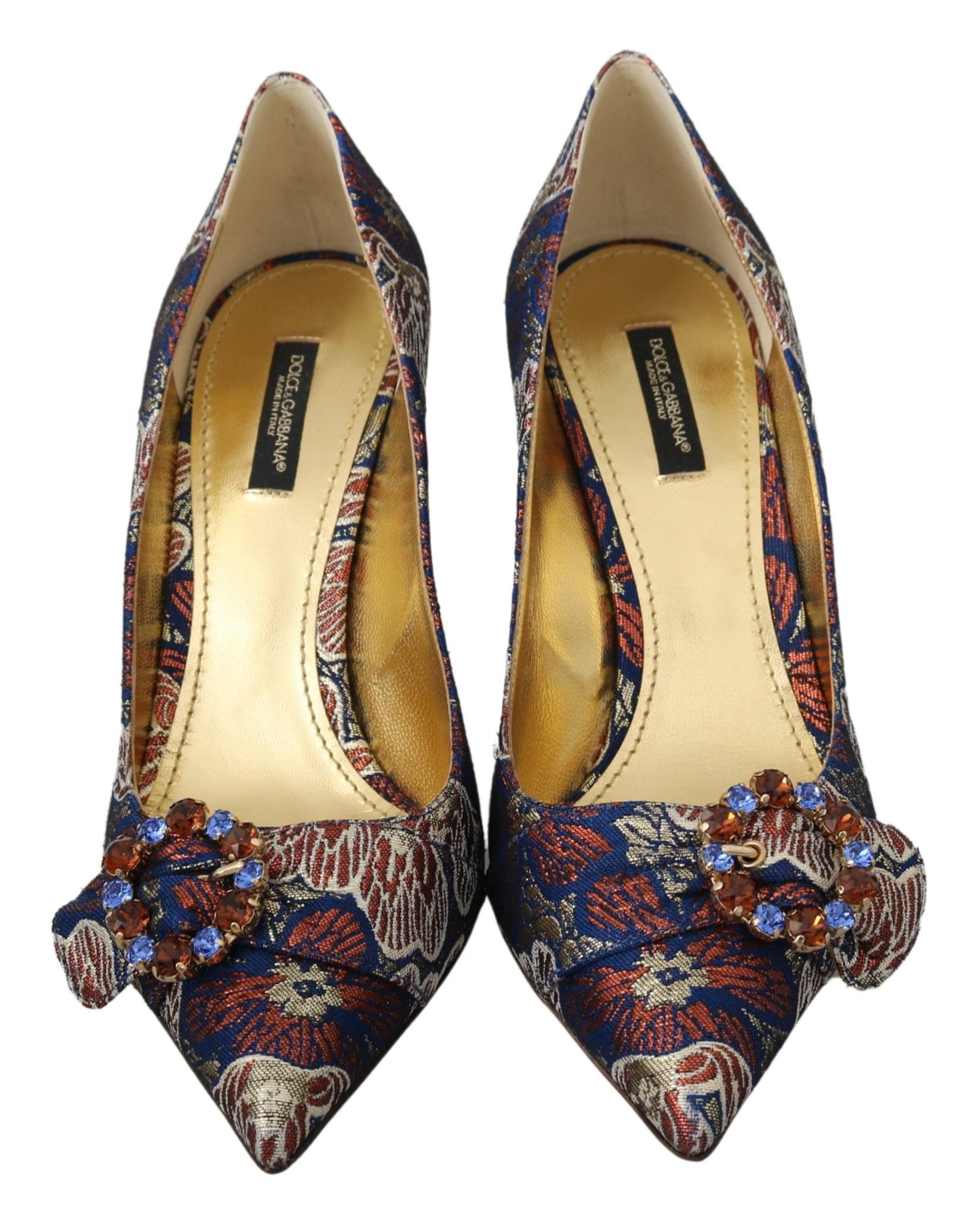 Elegant Blue Jacquard Heels with Crystal Embellishments