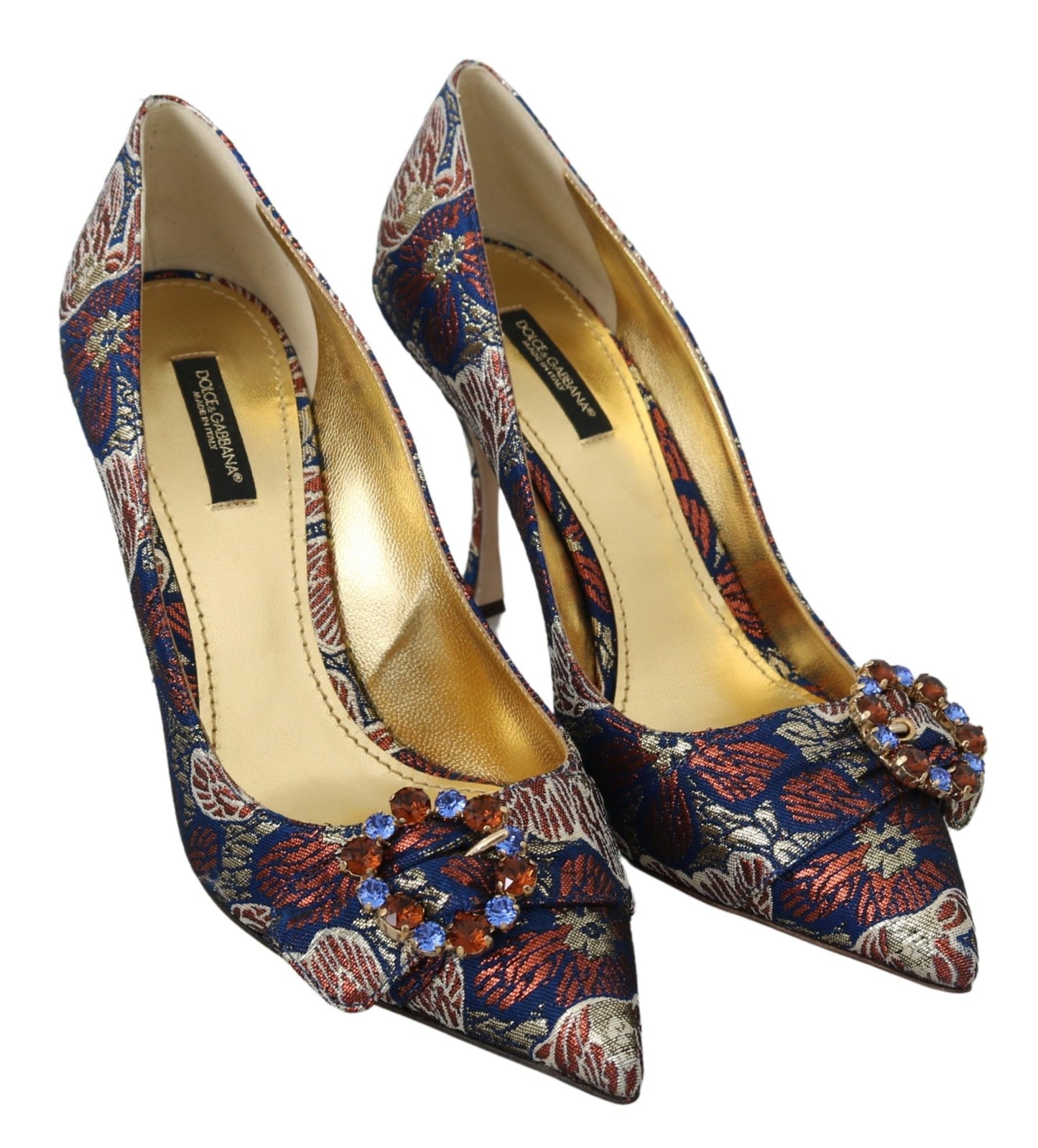 Elegant Blue Jacquard Heels with Crystal Embellishments