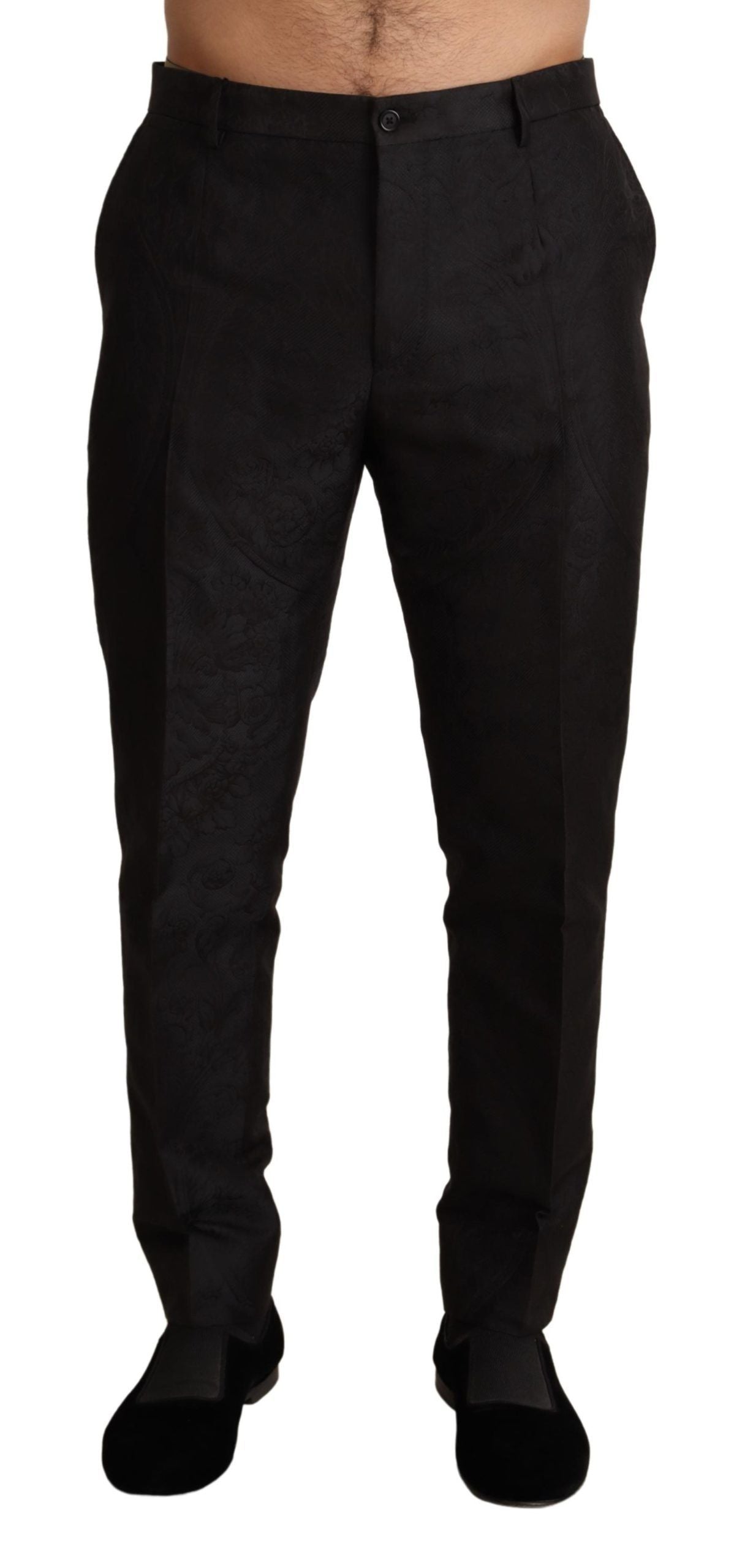 Elegant Slim Fit Black Brocade Dress Pants