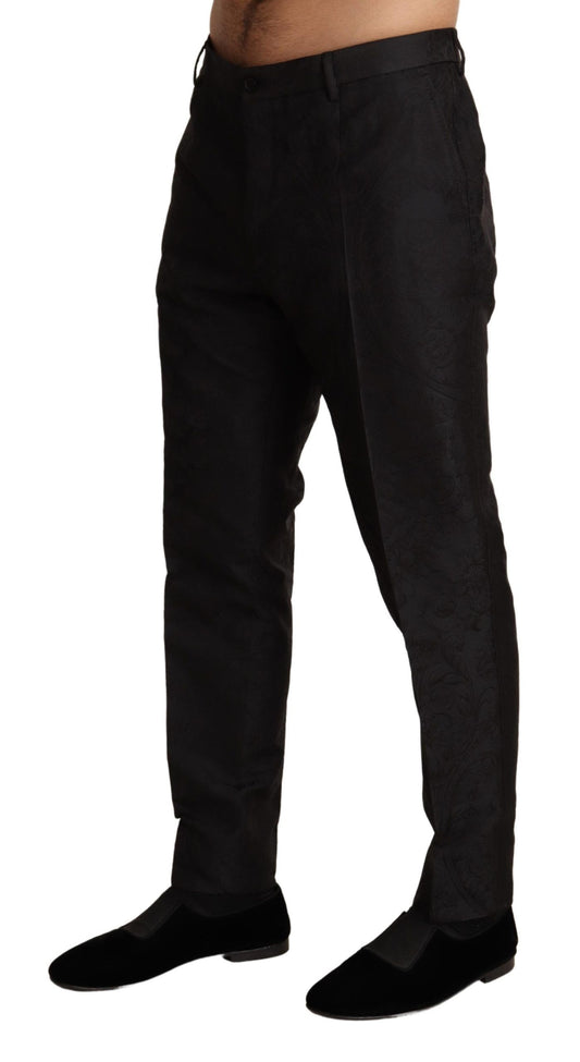 Elegant Slim Fit Black Brocade Dress Pants