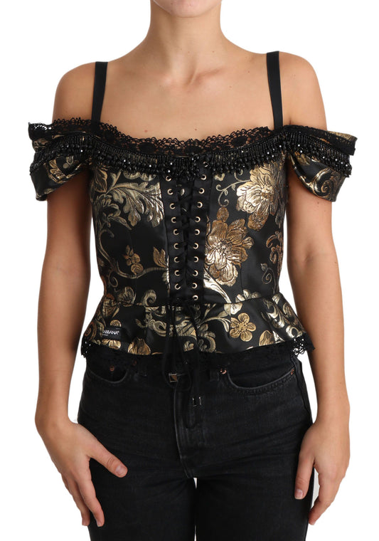 Elegant Floral Jacquard Blouse with Crystal Details