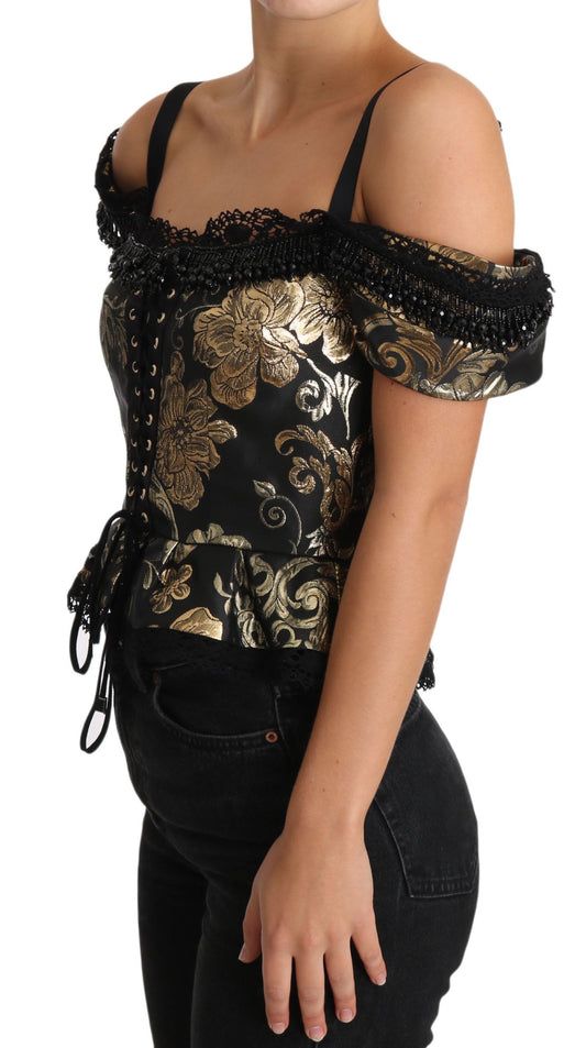 Elegant Floral Jacquard Blouse with Crystal Details