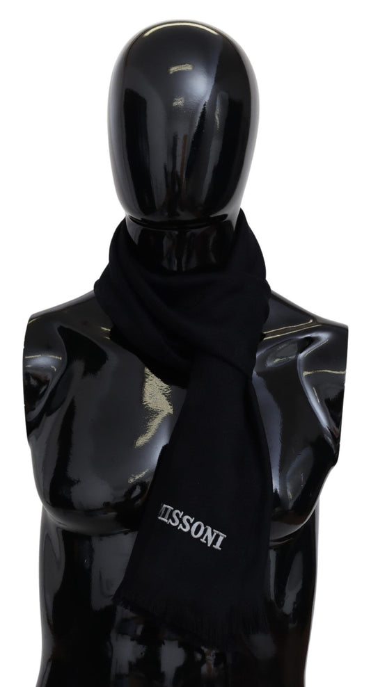 Elegant Black Wool Scarf with Logo Embroidery