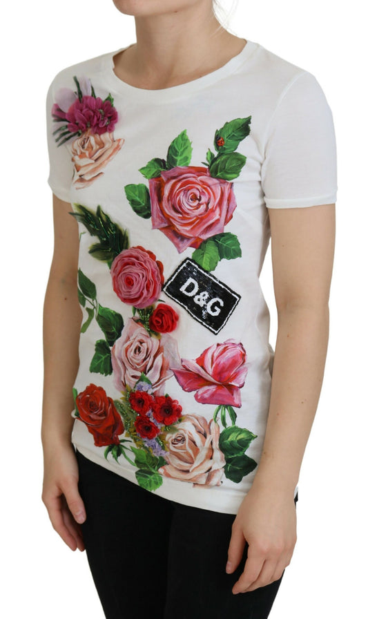 Elegant Multicolor Rose Print Cotton Tee