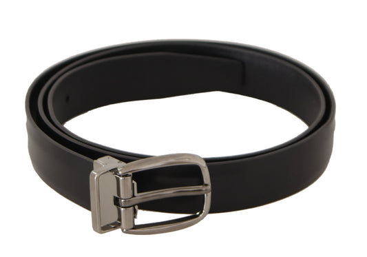 Black Calf Leather Silver Tone Metal Buckle Belt