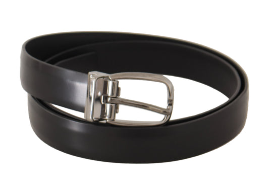 Black Calf Leather Silver Tone Metal Buckle Belt