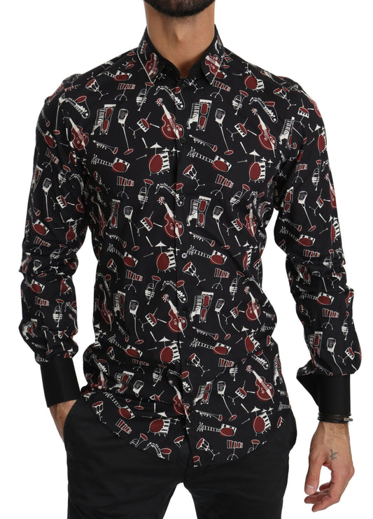 Sleek Black Musical Print Cotton Silk Shirt