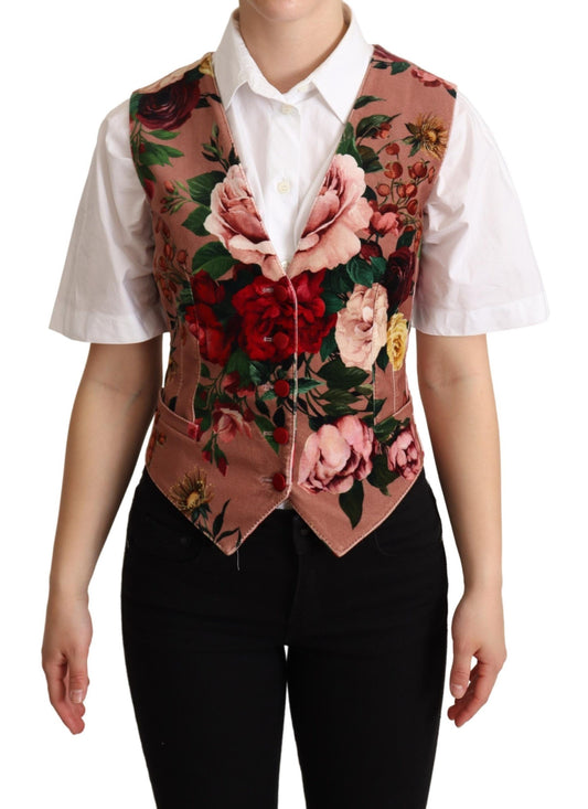 Pink Floral Print Velvet Sleeveless Vest