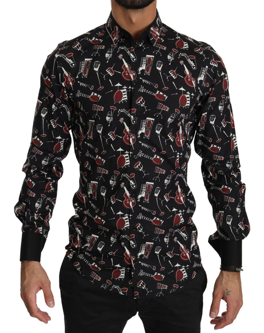 Sleek Black Musical Print Cotton Silk Shirt