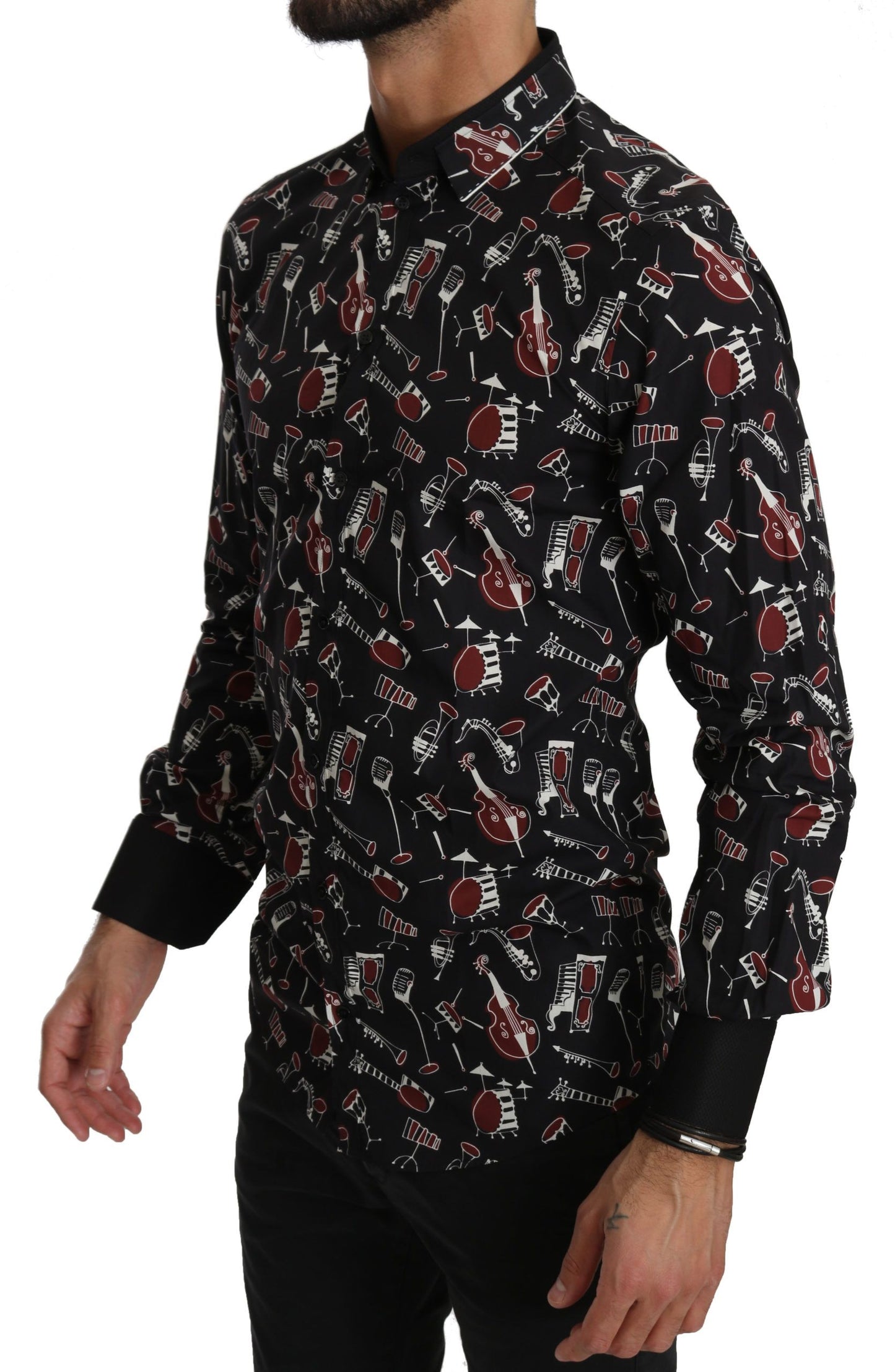 Sleek Black Musical Print Cotton Silk Shirt