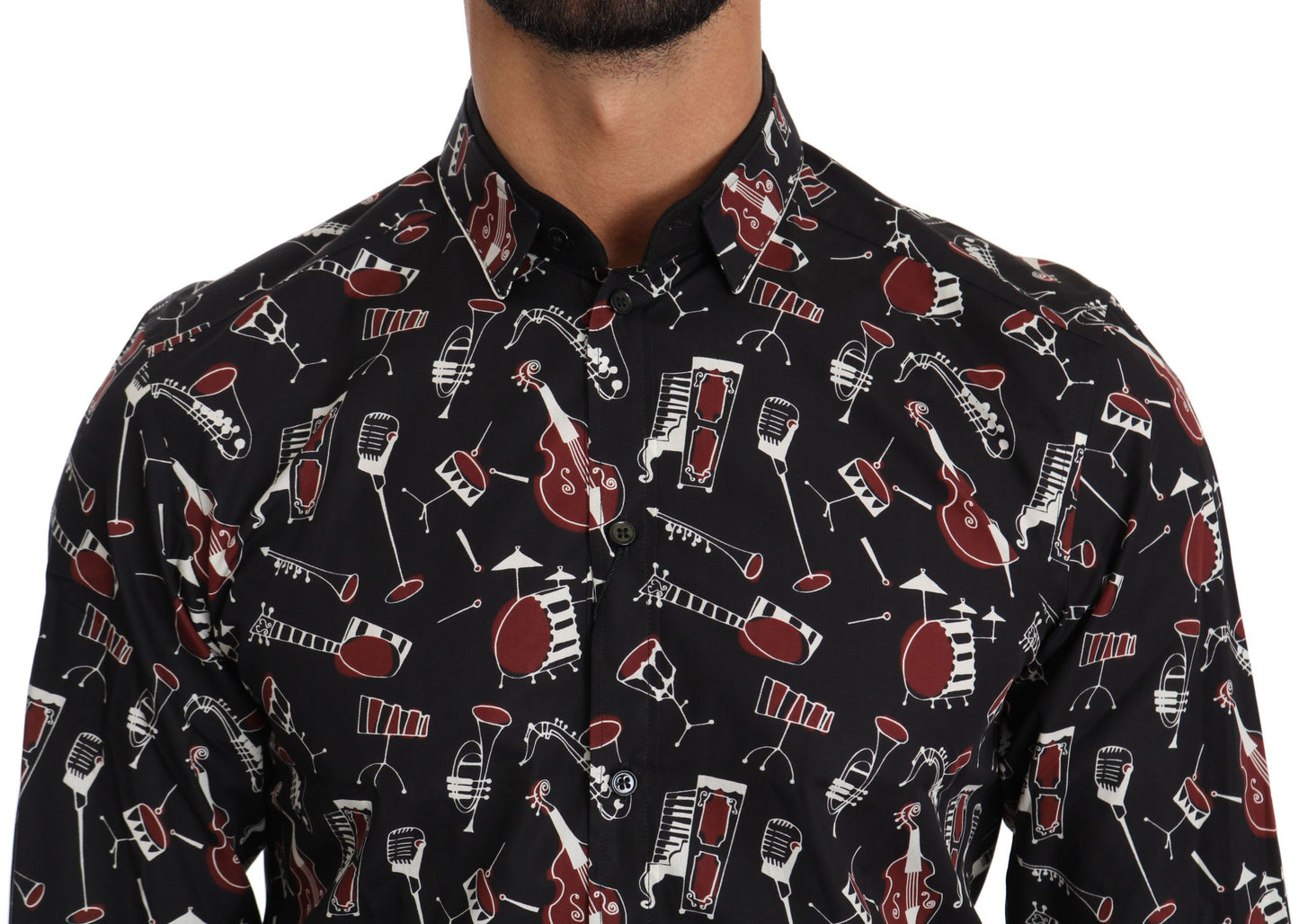 Sleek Black Musical Print Cotton Silk Shirt