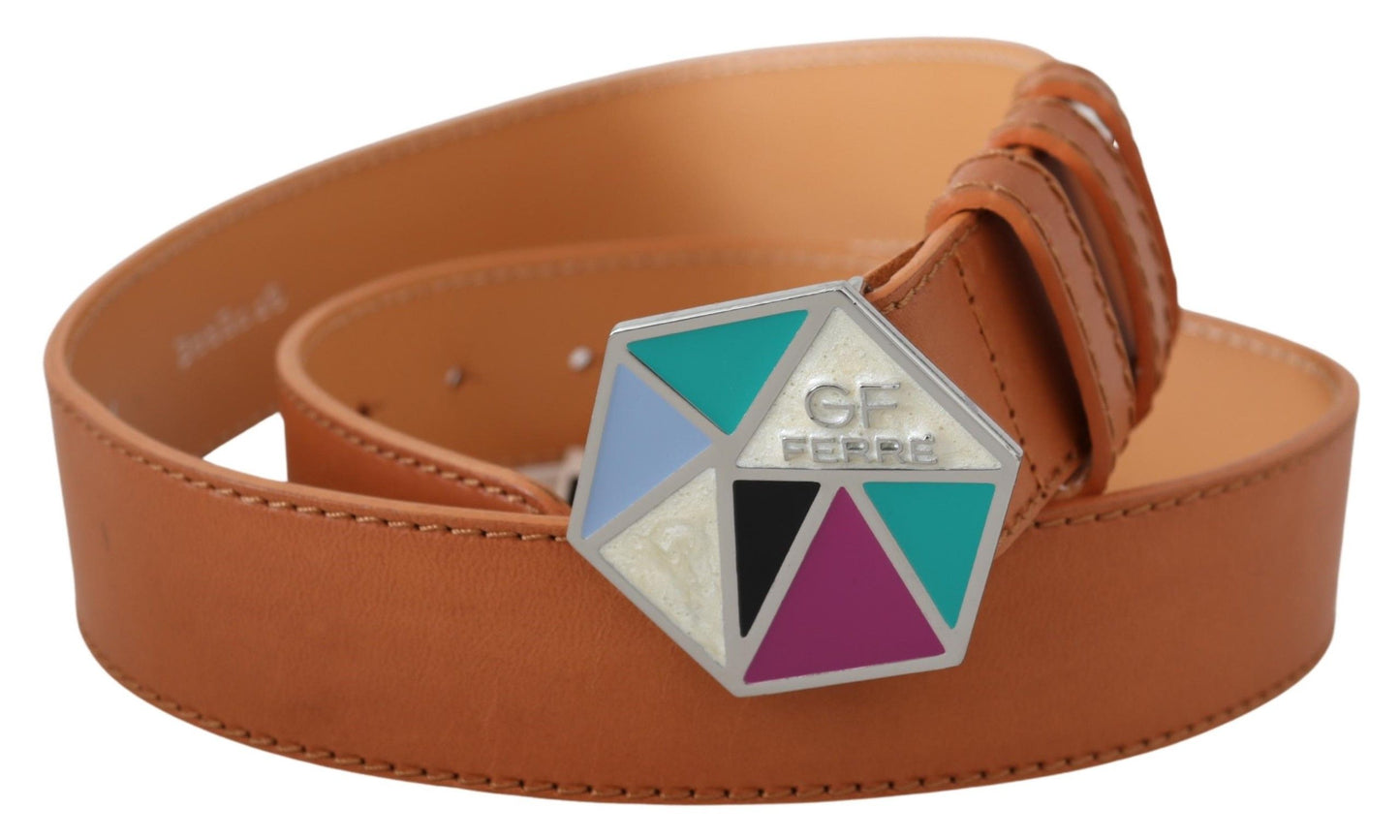 Chic Brown Leather Belt with Logo Buckle