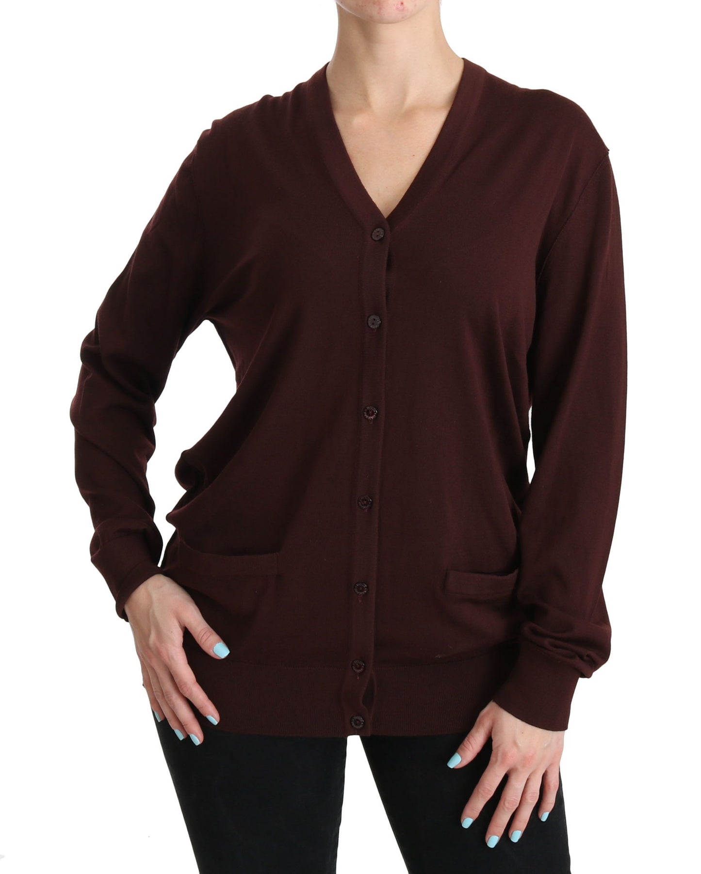 Elegant Maroon V-Neck Virgin Wool Cardigan