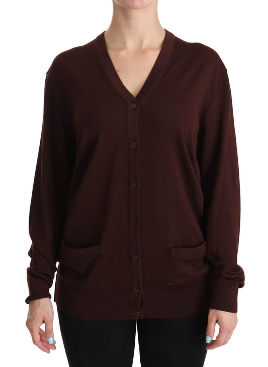 Elegant Maroon V-Neck Virgin Wool Cardigan