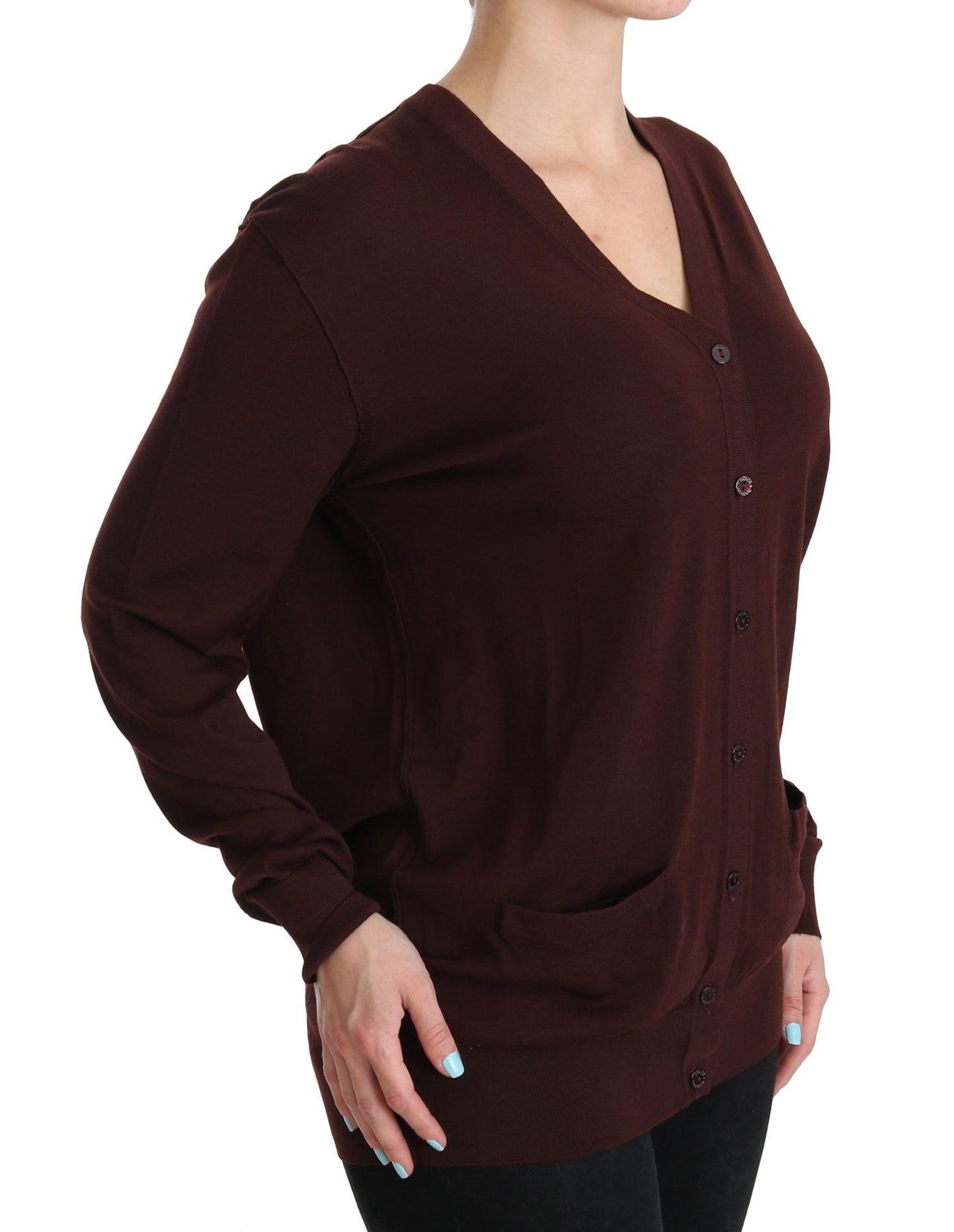 Elegant Maroon V-Neck Virgin Wool Cardigan